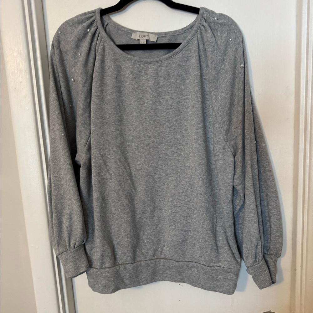 LOFT Heather Gray Knit Top with pearl embellished sleeves size XL
